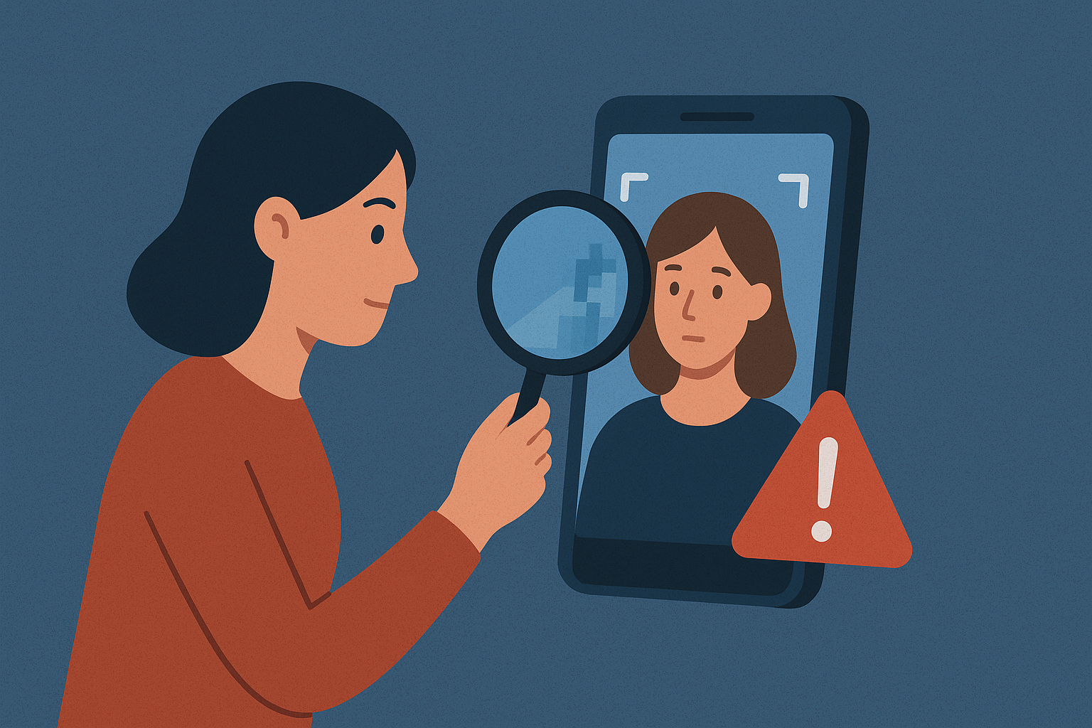 Illustration of a woman using a magnifying glass to detect fake photos on a smartphone with a warning sign, symbolizing AI-generated image detection and deepfake analysis.